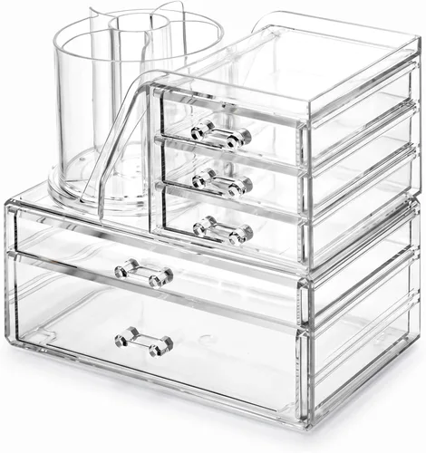 ShineMe Organizador de maquillaje acrílico, organizador de cosméticos apilable de 2 niveles para tocador con soporte giratorio de 360° para brochas