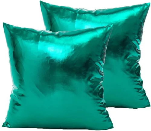 Juego de 2 fundas de cojín decorativas modernas metálicas y brillantes, fundas de almohada cuadradas suaves de piel sintética para sofá, cama, Verde