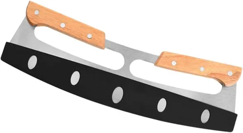 Cortador de pizza de dos asas para tartas, rebanador de pizza, rebanador de panes, ensalada, mango de madera, cortador de pizza, banco de metal,