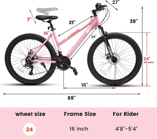 Miniatura 8 de Ecarpat 24/26 Inch Mountain Bike for Women Girls, 21-Speed Mountain Bicycle with Disc/V-Brakes and Front Fork Suspension, Carbon Steel Frame MTB Bike
