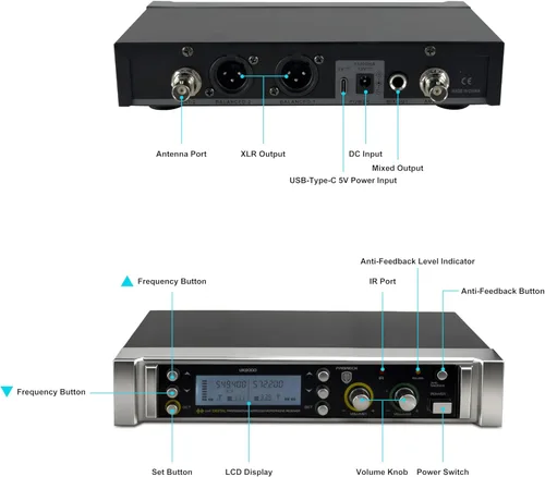 Miniatura 2 de PRORECK UK-2000 UHF Sistema de micrófono inalámbrico de 2 canales con dos micrófonos de mano, perfecto para fiesta/boda/iglesia/conferencia/discurso