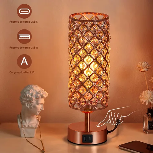 Miniatura 6 de Lámpara de mesa de cristal Hong-in - Control táctil regulable en 3 vías, lámpara de cabecera de oro rosa con puertos USB C y A, luz de mesita