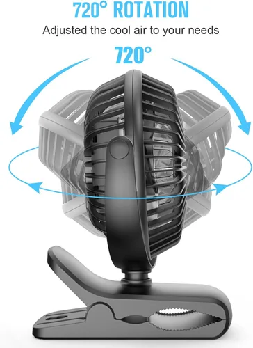 Miniatura 12 de HONYIN Escritorio pequeño de rotación de 720° y ventilador de clip con abrazadera resistente, 3 velocidades, silencioso ventilador de refrigeración
