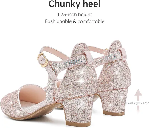 Miniatura 6 de Zapatos de vestir para niñas, puntera cerrada, tacones altos y gruesos, correa para el tobillo, zapatos de tacón para boda y fiesta
