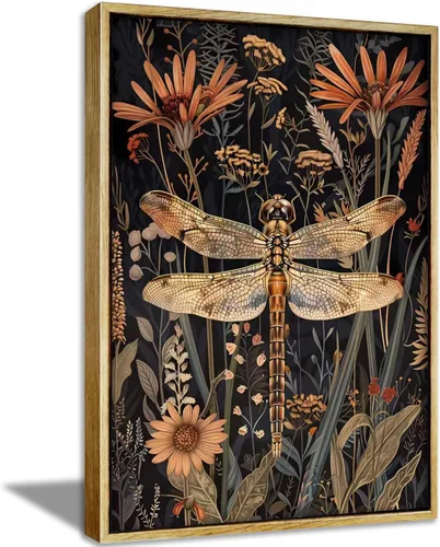 Arte de pared enmarcado vintage de libélula, lienzo floral de libélula de Academia Oscura, impresiones en lienzo botánicas de flores de naturaleza e