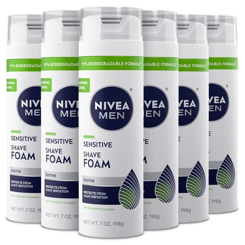 NIVEA MEN - Espuma de afeitado sensible con vitamina E, extractos calmantes de manzanilla y hamamelis, paquete de 6 latas de 7 onzas