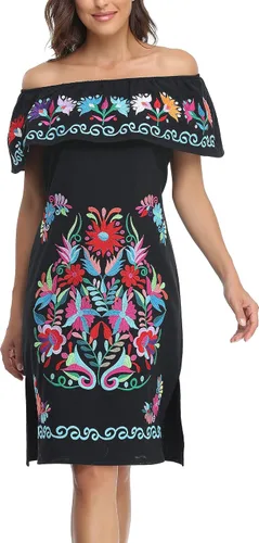 Miniatura 2 de YZXDORWJ Vestido bordado mexicano sin mangas con cuello de volantes para mujer