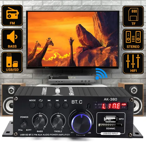 Miniatura 3 de AK-380 Bluetooth 5.0 Amplificador de audio para el hogar, máximo 400W+400W 2.0CH HiFi Stereo con fuente de alimentación de 12 V 5 A, receptor