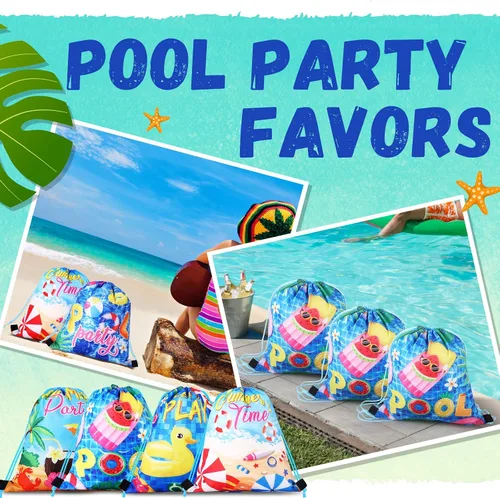 Miniatura 7 de Hosuly 24 bolsas de verano para fiesta en la piscina, bolsas con cordón, mochilas hawaianas, decoración de fiesta de piscina, bolsas de regalo