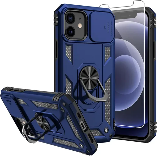 Funda para iPhone 12, con protector de pantalla y funda para cámara, [grado militar] de 16 pies. Funda protectora a prueba de caídas con soporte Azul