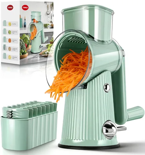 TOPAA Rallador de queso rotativo con mango Triturador de verduras con 5 cuchillas, rebanadora de mandíbula redonda y picadora de alimentos para Verde