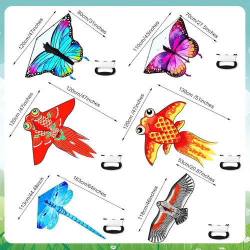 Miniatura 2 de Leitee Paquete de 6 cometas grandes para niños y adultos, cometa de mariposa para niños de 4 a 8 a 12 años, libélula, búho, loro, águila, pez