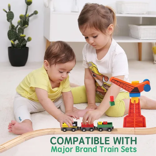 Miniatura 2 de Juego de 62 vías de tren de madera, accesorios de sistemas ferroviarios de madera, paquete de expansión con tren + grúa, para niños de 3 a 10 años