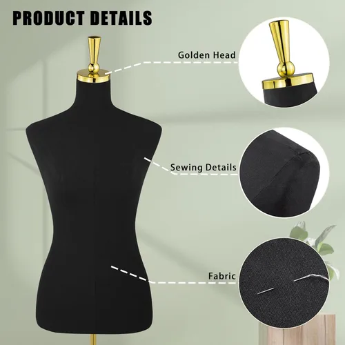 Miniatura 3 de Forma de vestido ajustable para mujer, maniquí de costura de 53 a 73 pulgadas de altura con soporte de metal dorado, negro