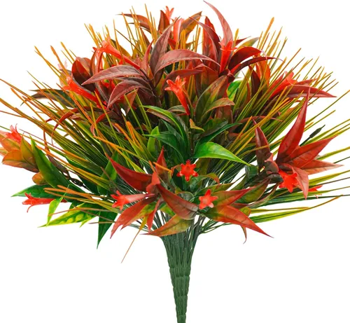 Uieke 6 plantas artificiales para exteriores, resistentes a los rayos UV, flores falsas de gloria matutina con hierba naranja, flores tropicales,