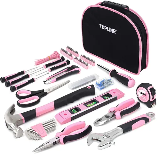 TOPLINE Juego de herramientas rosas de 208 piezas para mujer con bolsa redonda, kit de herramientas pequeñas para apartamento, hogar, hogar, juego