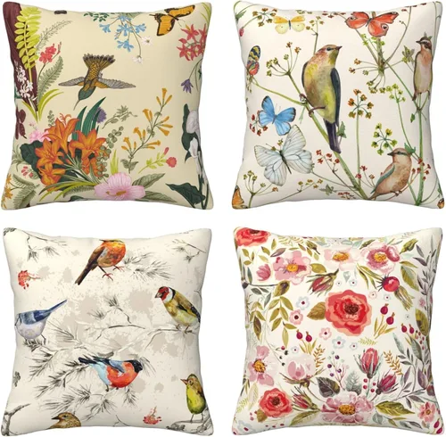 Miniatura 12 de Juego de 4 fundas de almohada de flamencos tropicales y flores rosadas, 18 x 18 pulgadas, diseño de peonías florales de mariposa, fundas de almohada