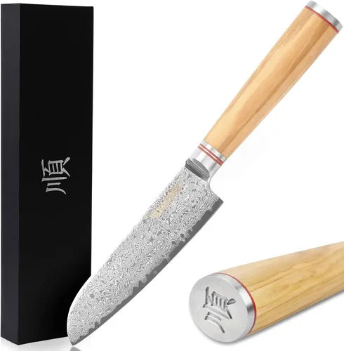 Miniatura 8 de YOUSUNLONG Santoku - Cuchillo japonés de 5 pulgadas, 67 capas, acero de Damasco martillado con madera de plomo natural Ebany