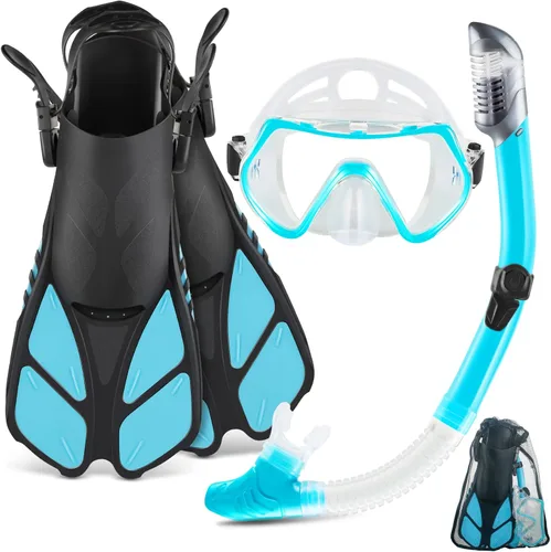 ZEEPORTE Mask Fin Snorkel Set, Travel Size Snorkeling Gear for Adults with Panoramic View Anti-Fog Mask, Trek Fins, Dry Top Snorkel and Gear Bag for