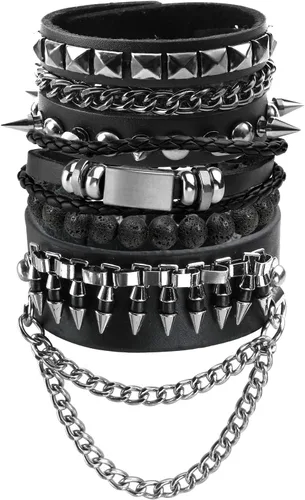 Miniatura 12 de Eigso Pulseras de cuero punk rock para hombres y mujeres, estilo retro, vintage, cadena de los años 80, para hombre y mujer