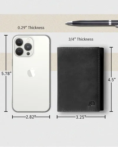 Miniatura 35 de Billetera de triple pliegue con RFID, cuero genuino, delgado, con ventana de identificación, bolsillo frontal, regalo para hombre