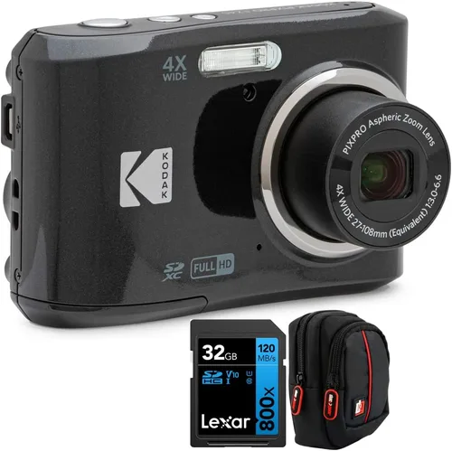 Kodak FZ45BK PIXPRO FZ45 - Cámara digital de 16 MP, paquete negro con tarjeta de memoria Lexar 32GB de alto rendimiento 800x UHS-I SDHC + funda para
