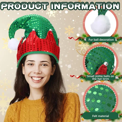 Miniatura 3 de Panitay 3 sombreros de elfo de Navidad unisex de fieltro de Papá Noel, sombrero de lentejuelas con campanas, sombrero de fieltro brillante