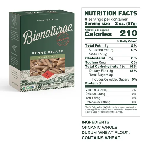 Miniatura 2 de Bionaturae Penne Rigate - Fideos de pasta de trigo integral, certificado Kosher, alto contenido de proteínas, verificado sin OMG, certificado USDA