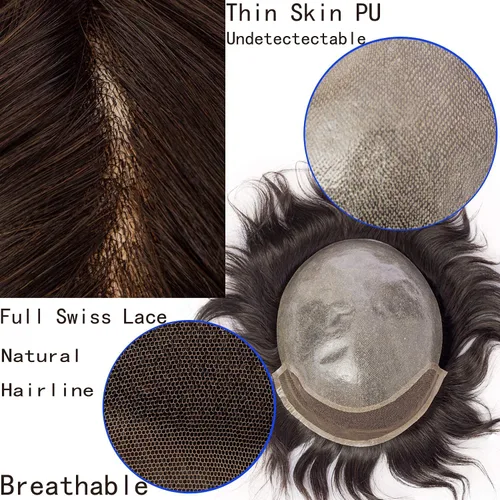 Miniatura 3 de Peluca de cabello humano europeo de repuesto para hombre, encaje suizo frontal, 0.003 in, piel fina, poliuretano, con bucle, 10 x 8 pulgadas, 20%