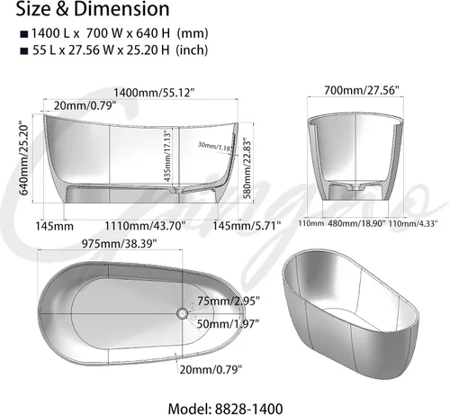 Miniatura 5 de Cpingao Stone Resin - Bañera ovalada independiente de 55 pulgadas, moderna bañera independiente con desbordamiento y drenaje desplegable, moldeado