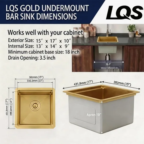Miniatura 7 de LQS Fregadero pequeño de barra dorada para montaje inferior, fregadero de barra húmeda de PVD dorado y fregadero de cocina RV de 15 x 17 pulgadas