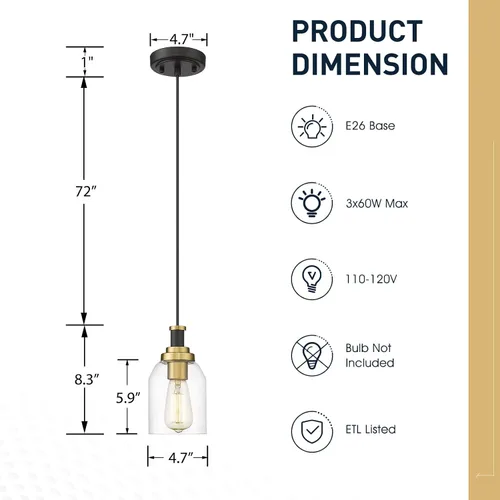 Miniatura 6 de Zeyu Lámpara Colgante Moderna de Oro, Lámpara Colgante de Vidrio de 1 Luz para Cocina y Comedor, Soporte de Vidrio Transparente, Acabado en Negro