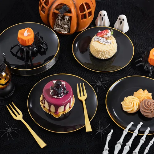 Miniatura 7 de Festiva 200 Piezas Platos de Postre Negro y Dorado de 6.3" con Tenedores de Plástico de 5"- Platos Desechables Pequeños- Platos de Plástico