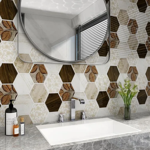 Miniatura 6 de FunStick 15 hojas de azulejos hexagonales para cocina, baño, azulejos de pared de 12 x 12 pulgadas, de madera bohemia, aptos para inquilinos