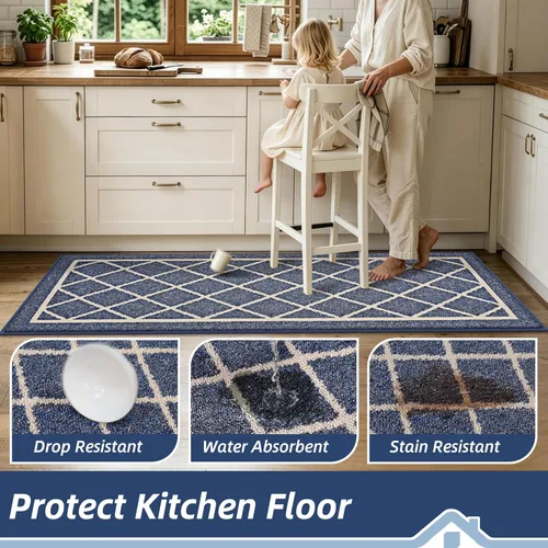Miniatura 3 de BEQHAUSE Alfombras de Cocina Antideslizantes Tapetes de Cocina para Piso Lavables a Máquina Absorbentes Alfombra de Cocina con Respaldo Azul