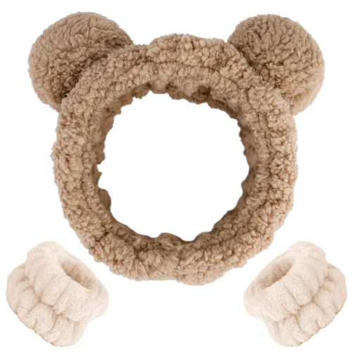 AHONEY - Juego de diadema y muñequera con orejas de oso de spa, lindas diademas esponjosas para el cuidado de la piel, bandas elásticas para el Caqui