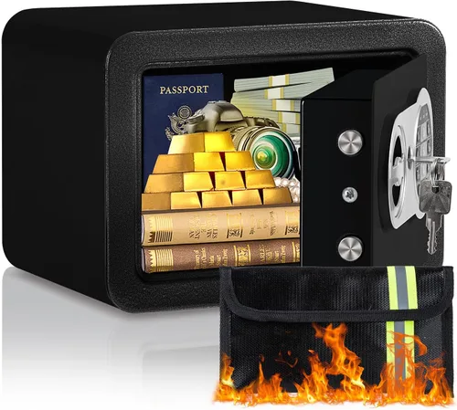 Miniatura 10 de Caja de seguridad de 0.23 pies cúbicos, pequeña con bolsa ignífuga, llaves y código de acceso, caja de seguridad electrónica digital para efectivo