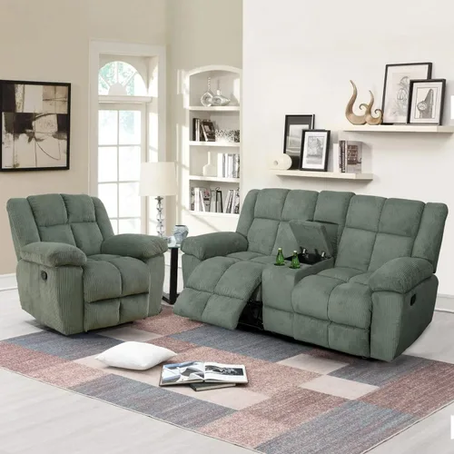 Miniatura 30 de Juego de sofá reclinable para muebles de sala de estar, juego de sofá y silla reclinable de pana verde, tela manual, sofá reclinable de 3 plazas