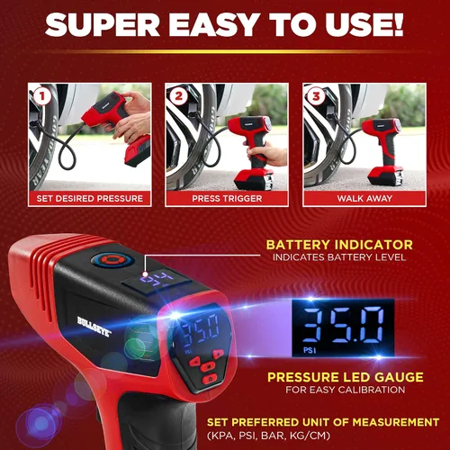 Miniatura 4 de Bullseye Pro Max Deluxe Inflador de Neumáticos Portátil Compresor de Aire, Bomba de Aire Portátil para Neumáticos de Carro, Inflador de Neumáticos