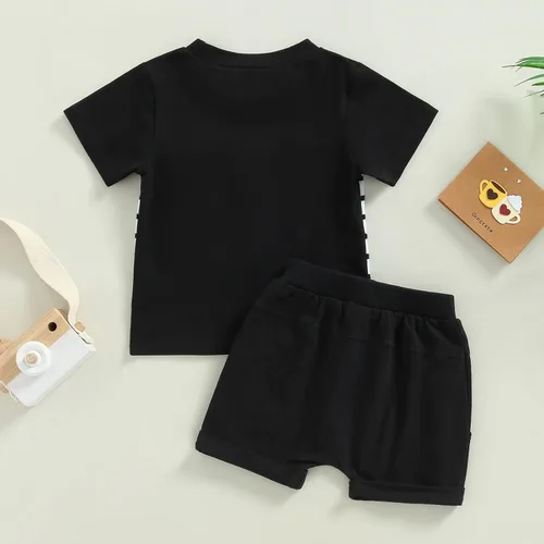 Miniatura 33 de Conjunto de traje de verano para bebé niño pequeño, manga corta, cuello redondo, letras impresas, lindo traje de verano, conjunto de 2 piezas