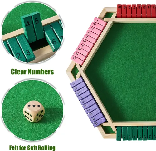 Miniatura 2 de Vamslove - Juego "Shut The Box" para 6 jugadores con 12+4 dados - Juego de mesa de madera de 6 lados colorido con números matemáticos para niños
