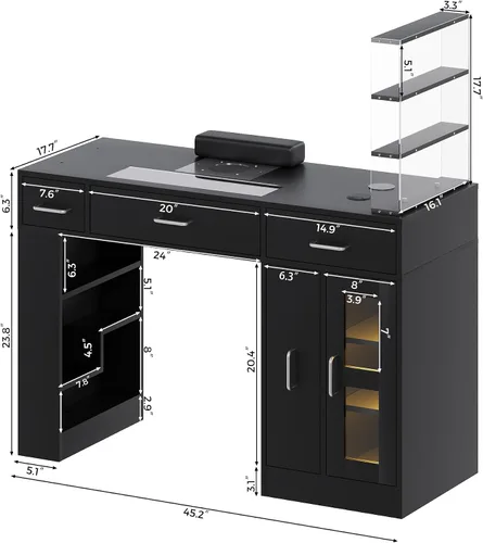 Miniatura 3 de Kikihouse Mesa de Manicura para Técnico de Uñas con Tapa de Vidrio y Cajón, Mesa para Técnico de Uñas con Estantes Móviles, Colector de Polvo, Carga