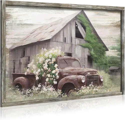 Miniatura 11 de Arte de pared de madera enmarcada de granja: arte de camión viejo rústico pintura de madera de granero para dormitorio