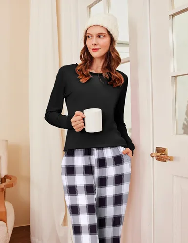 Miniatura 215 de Ekouaer Conjunto de pijama de manga larga para mujer, ropa de dormir suave con cuello redondo y bolsillos