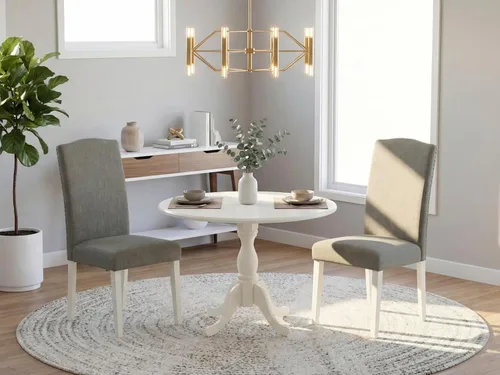 Miniatura 2 de East West Furniture DMEN3-LWH-06 - Juego de comedor de 3 piezas para espacios pequeños que contiene una mesa de comedor redonda con gotas y 2 sillas