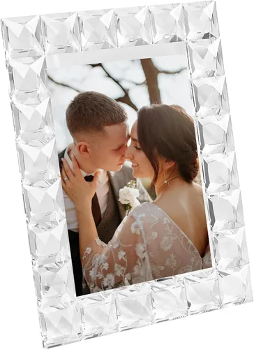 Marco de fotos de cristal de lujo, diseño de cuadrícula de diamante, marco de fotos de recuerdo de boda, marco de decoración de mesa, transparente