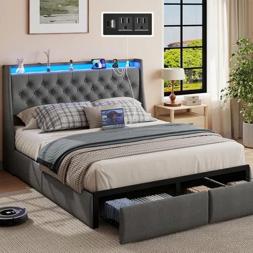 Miniatura 10 de SADENICEL Base de cama de tamaño completo con cabecera de almacenamiento y 4 cajones, plataforma de base de cama de metal completo con luz LED