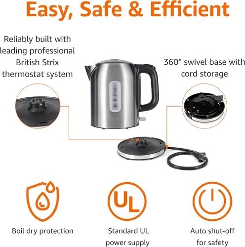 Miniatura 3 de Amazon Basics Hervidor eléctrico de 1.1 cuartos de galón, hervidor de té y caldera de agua, con apagado automático, protección contra hervir