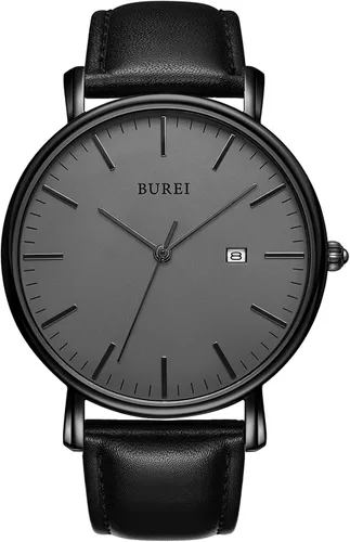 BUREI Reloj de pulsera analógico de cuarzo ultra fino con fecha, calendario, correa de piel para hombres y mujeres