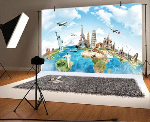Miniatura 2 de Yeele Telón de fondo de viaje de globo de 10 x 8 pies, mapa de la tierra, continente mundial, famoso, paisaje, fotografía del hogar, fondo